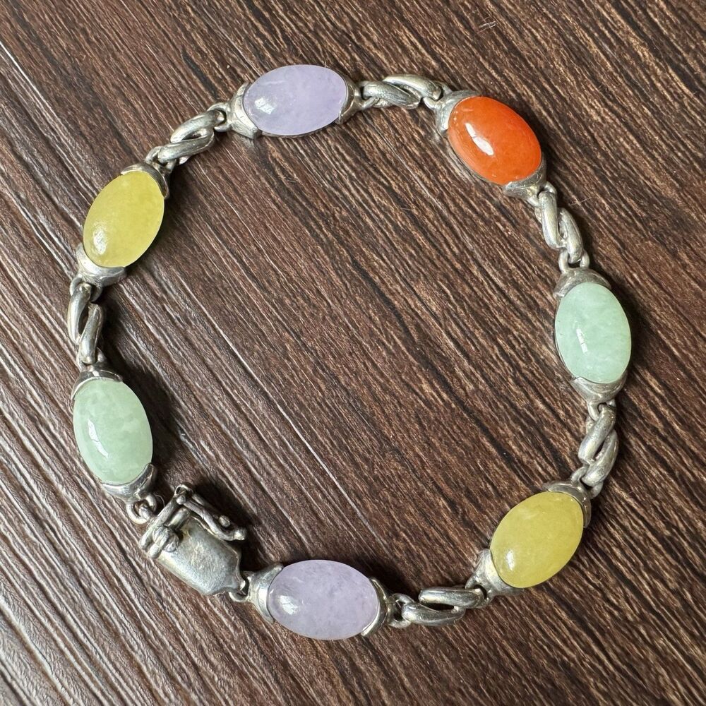 Jade Sterling Silver Tennis Bracelet 7.5 inches Multicolor Jadeite Vintage